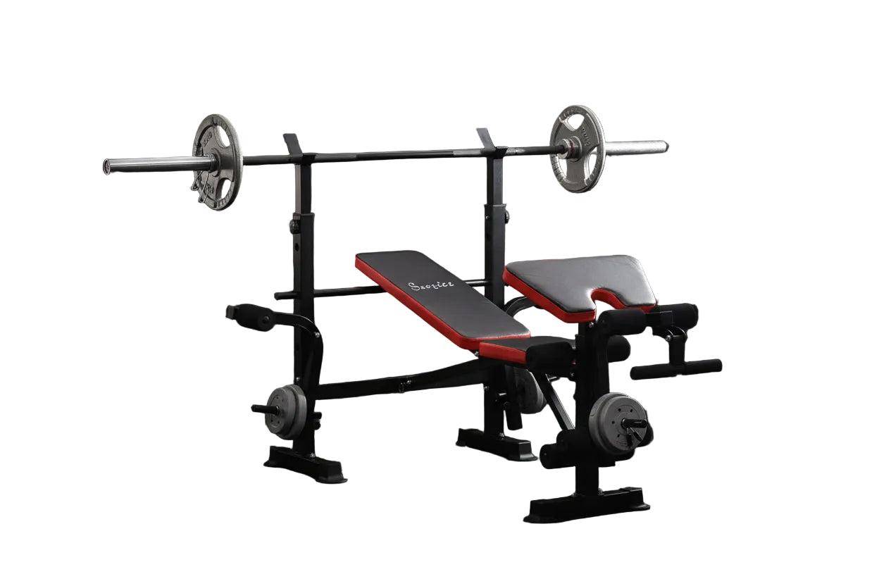 HOMCOM Panca Multifunzione Regolabile Con Supporto per Bilanciere Rosso E Nero