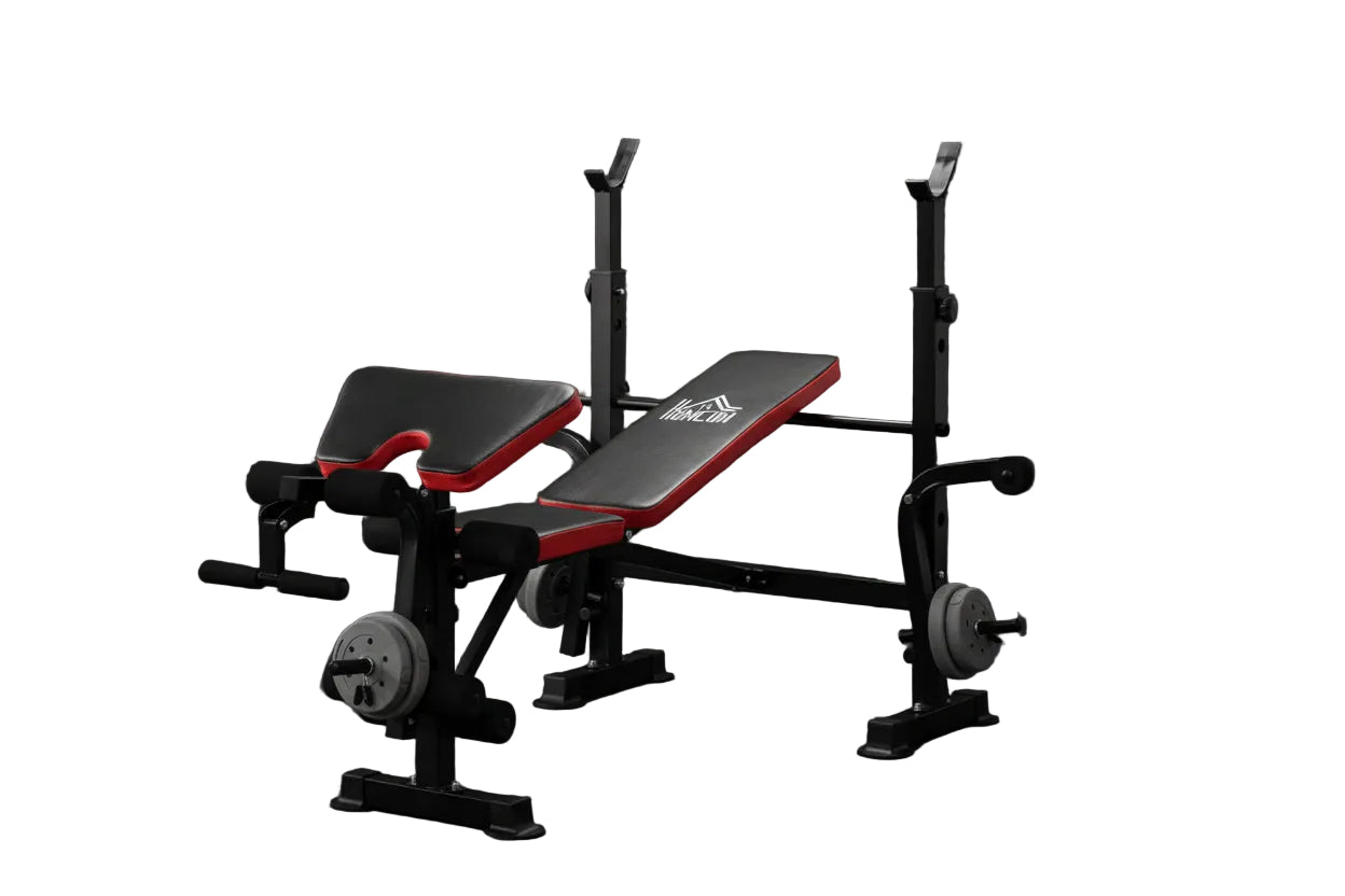 HOMCOM Panca Multifunzione Regolabile Con Supporto per Bilanciere Rosso E Nero