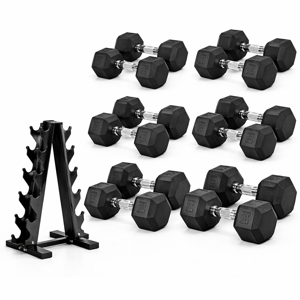 VÆLION® Set Manubri Esagonali Premium 68-181kg con Rack - Rivestimento Gomma Professionale - THERMOLUX  